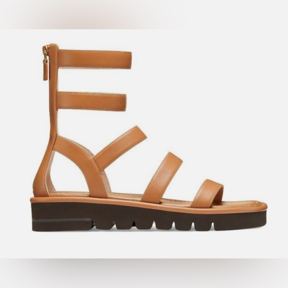 STUART WEITZMAN- Gala Lift Leather Sandal
 camel size 4.5